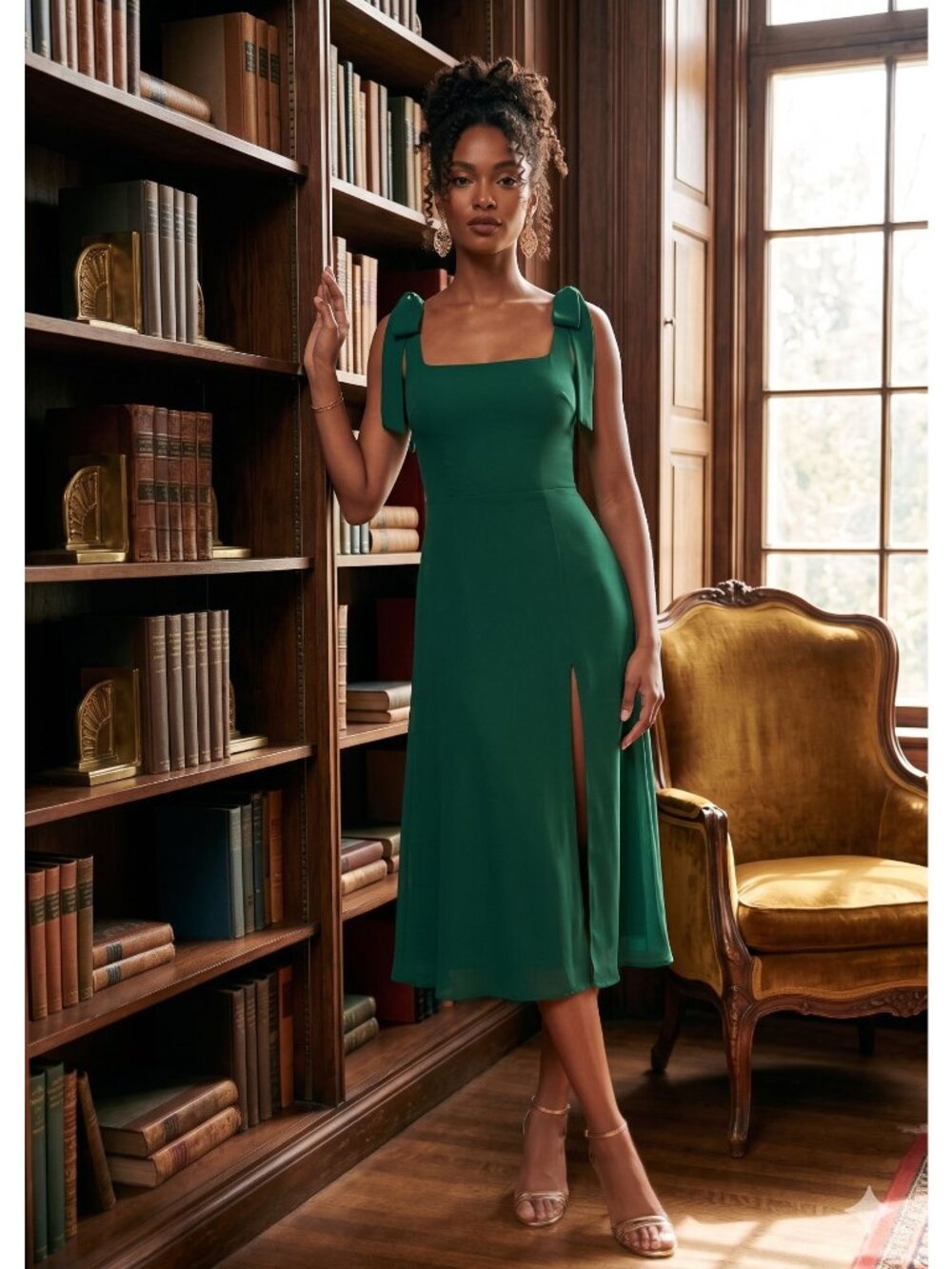Reformation Twilight Dress Emerald Green 10 Midi Tie Strap Smocked Slit Viscose
